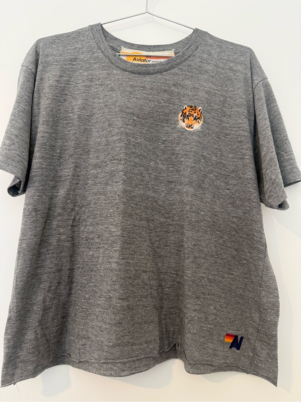Aviator Nation Grey Tee with Embroidered Orange Tiger Chest Motif
